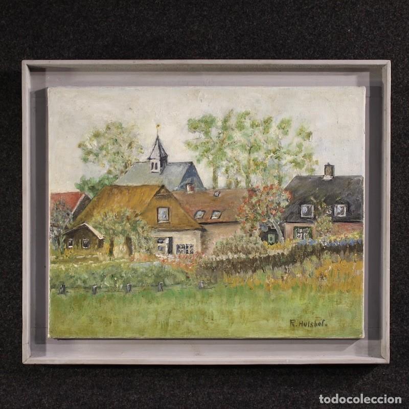 Arte: Cuadro holand&eacute;s que representa una vista de casas al estilo impresionista.