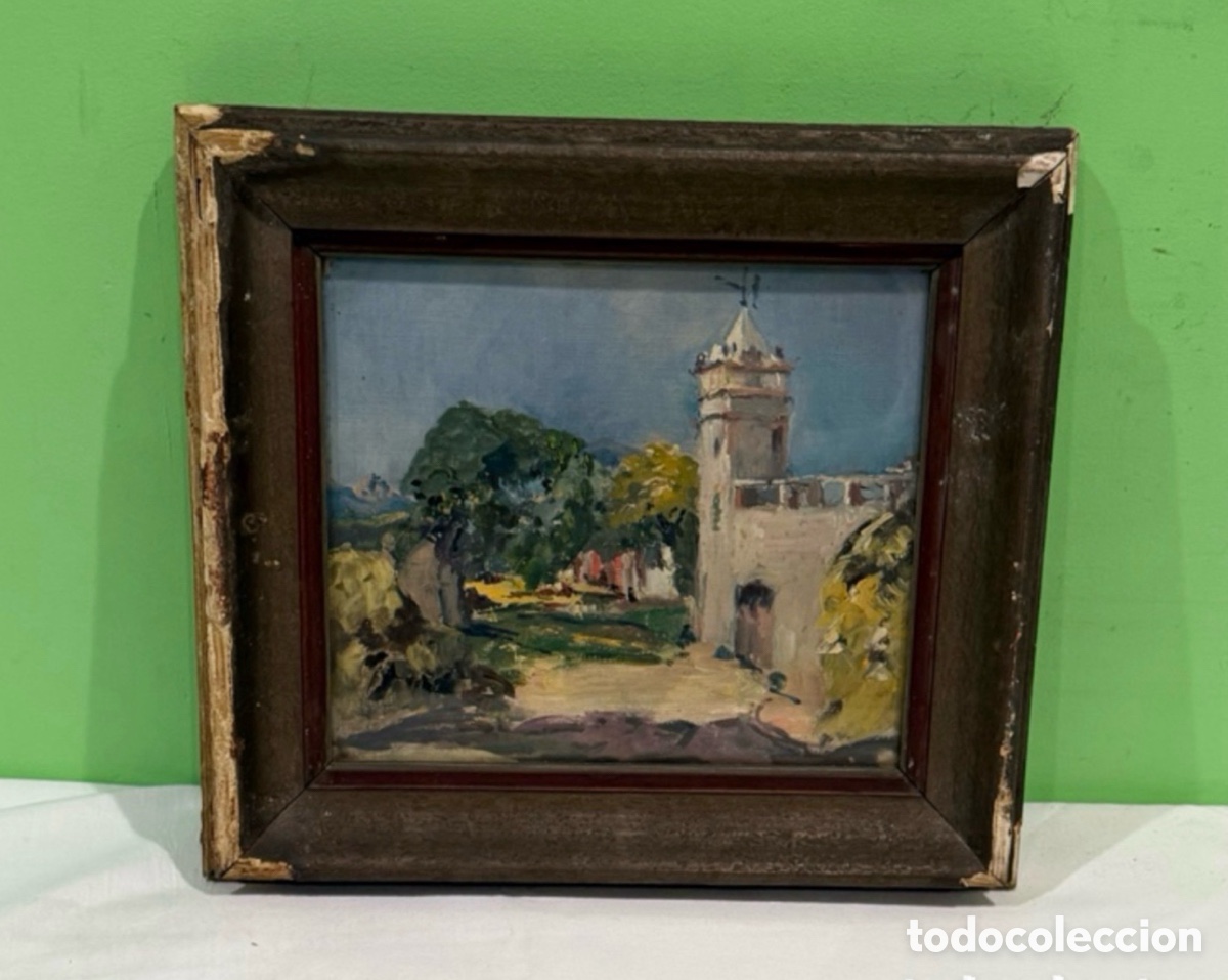 Arte: Arturo Mart&iacute;nez Cabezas (1899) &oacute;leo sobre tablex paisaje con torre.