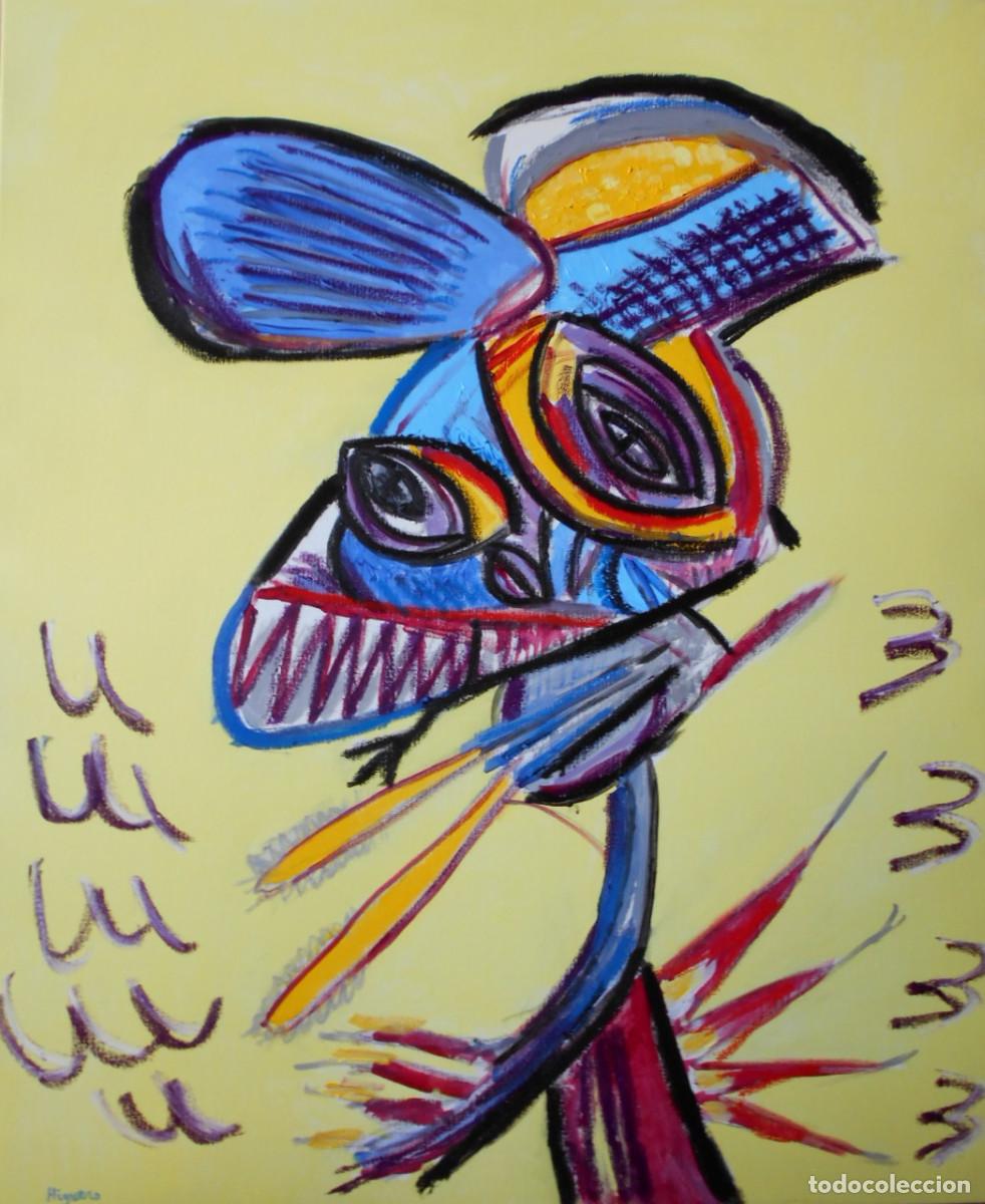 Arte: Pintura HOMBRE SACANDO LA LENGUA, de Higuero. T&eacute;cnica mixta sobre lienzo