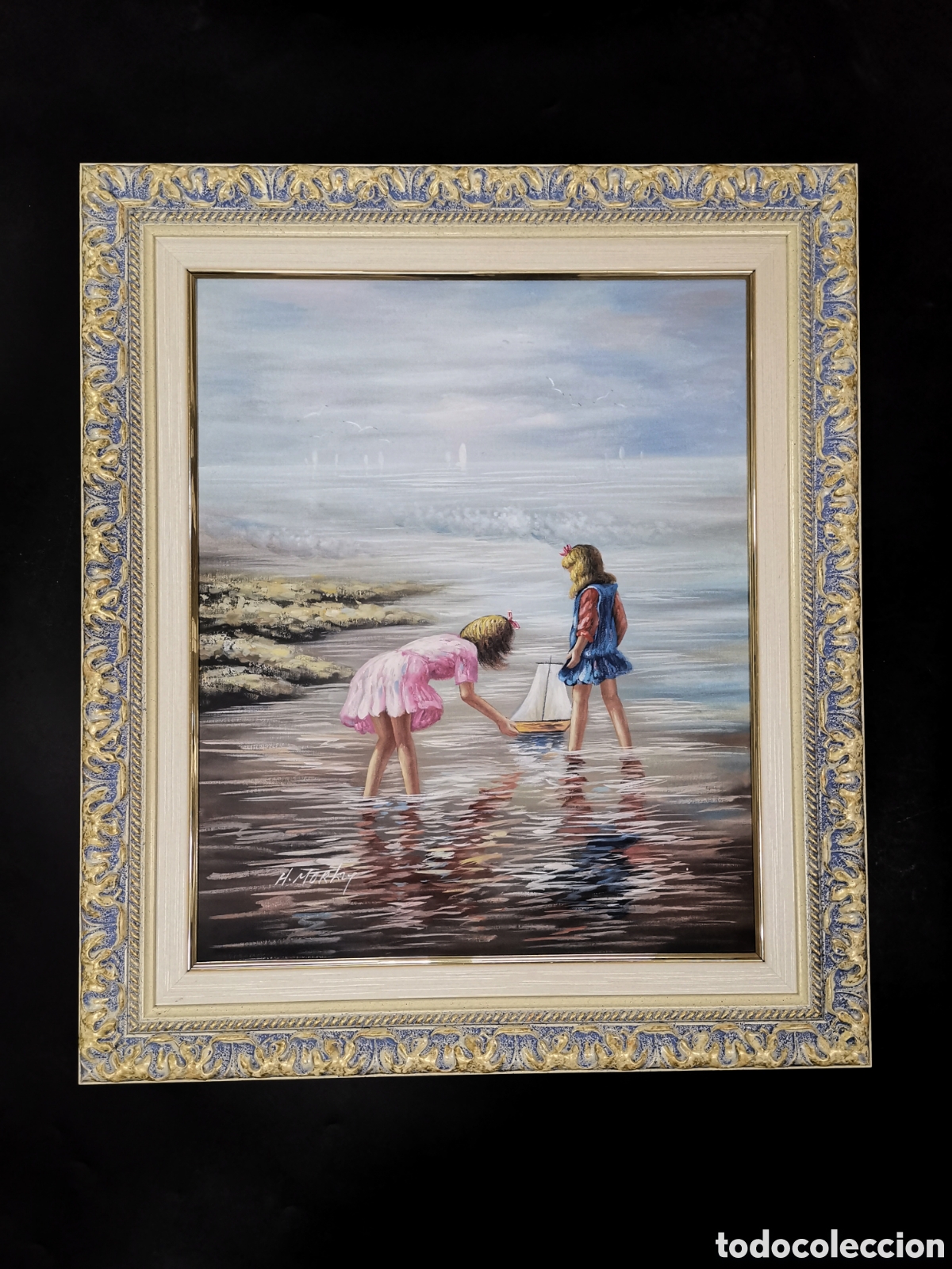 Arte: GRAN &Oacute;LEO SOBRE LIENZO PRECIOSA ESCENA FIGURATIVA NI&Ntilde;AS JUGANDO EN EL MAR