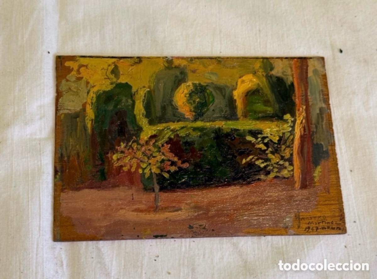 Arte: Arturo Mart&iacute;nez Cabezas (1899) &oacute;leo sobre tablex paisaje jard&iacute;n Barcelona firmado.