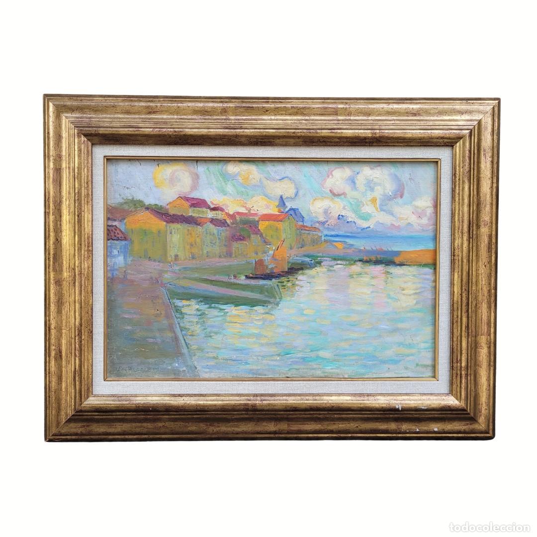 Arte: &Oacute;leo sobre tabla &ldquo;Pueblo costero&rdquo;, Juli&aacute;n de Tellaeche, p. s. XX &ndash; Espa&ntilde;a