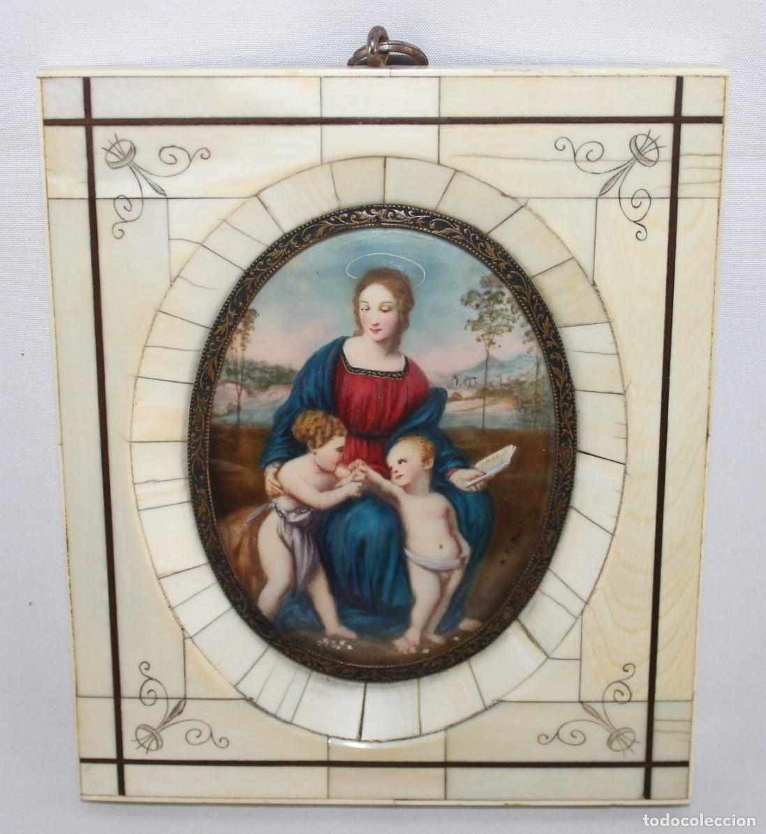 Arte: Miniatura religiosa copia de Raffael. Virgen del Jilguero. Marco original. Siglo XIX