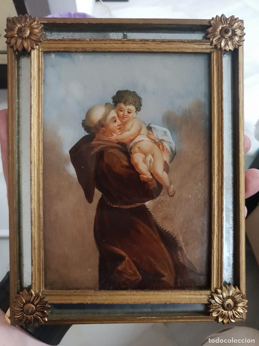 Arte: Oleo sobre cristal SAN ANTONIO DE PADUA con ni&ntilde;o marco con espejos siglo xvii finales