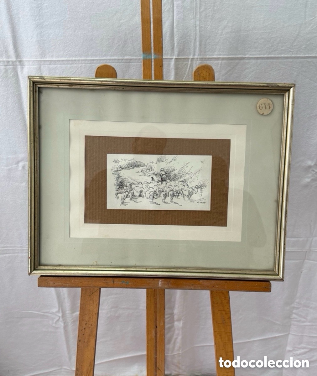 Arte: Jacinto Conill (1914-1992). Dibujo a tinta. Escena pastoril con reba&ntilde;o. Firmado.