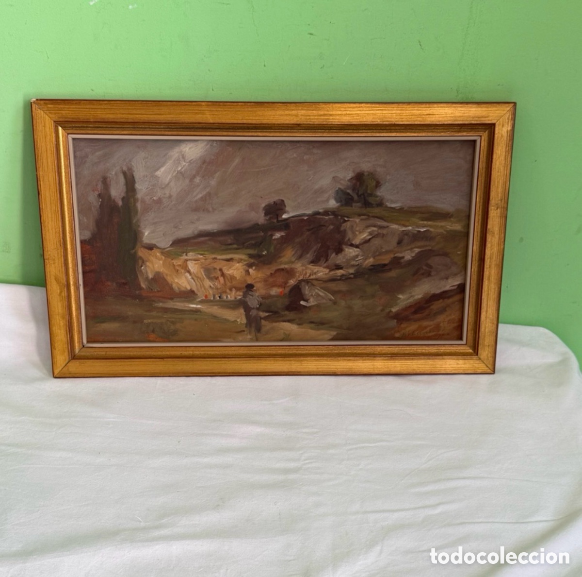 Arte: &Oacute;leo sobre tablex paisaje firmado у sellado junto a la firma enmarcado