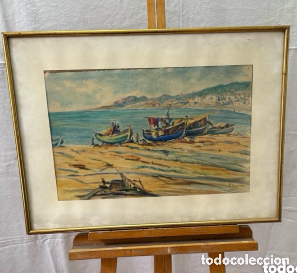 Arte: Pere Gorro Costa acuarela pintada a mano firmada paisaje marino con barcas escuela catalana