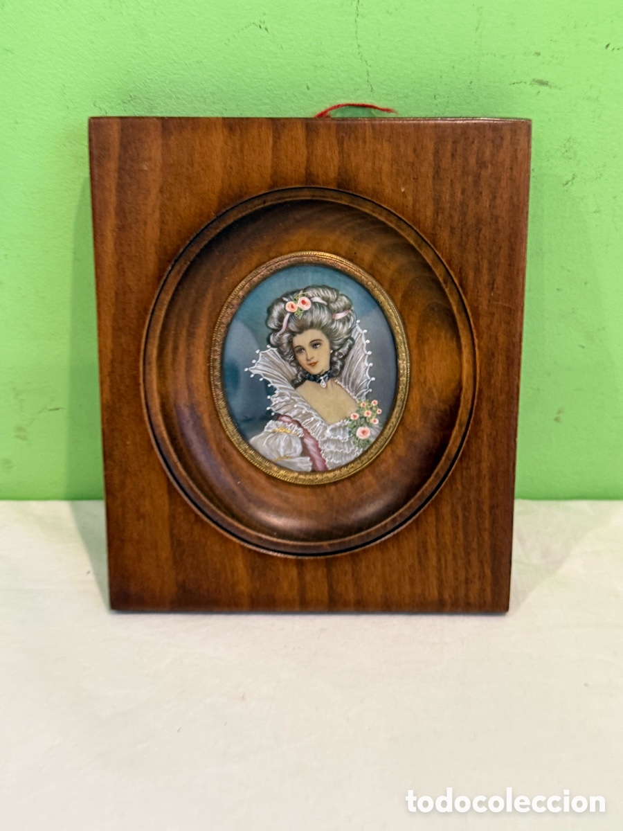 Arte: Retrato dama pintura sobre marfil siglo XIX marco madera &eacute;poca