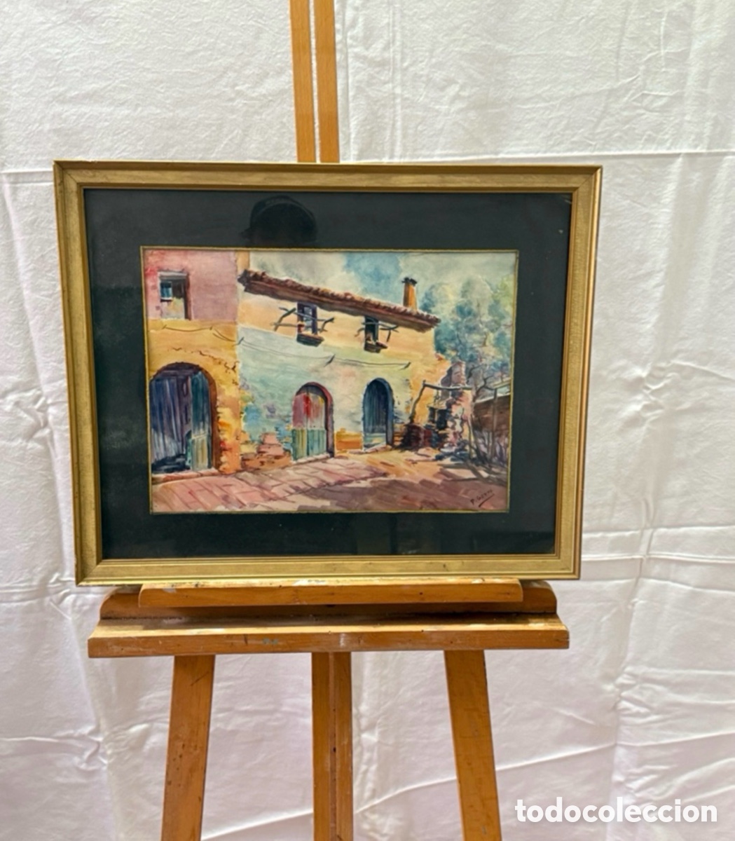 Arte: Pere Gorro Costa acuarela pintada a mano firmada casa de pueblo colores vivos escuela catalana