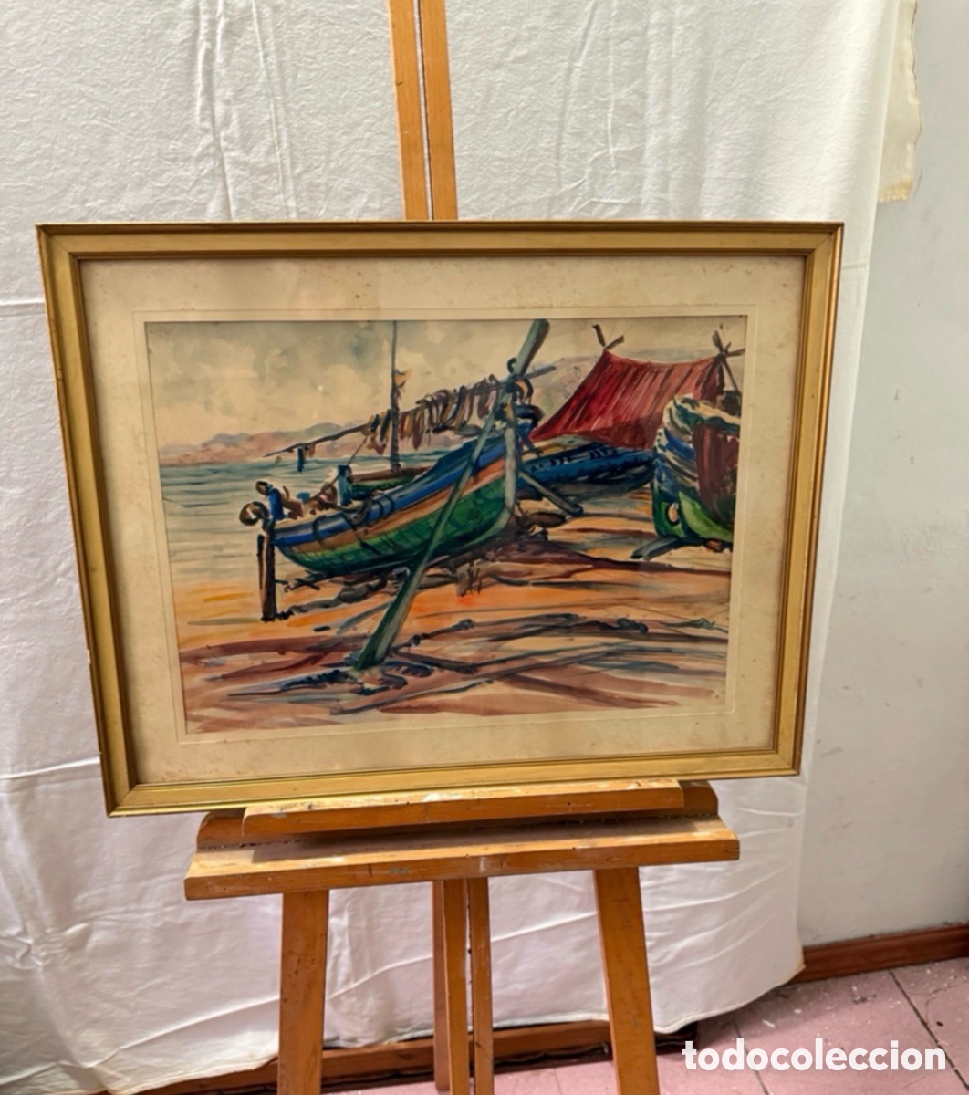 Arte: Pere Gorro Costa acuarela pintada a mano firmada barcas en la playa escuela catalana
