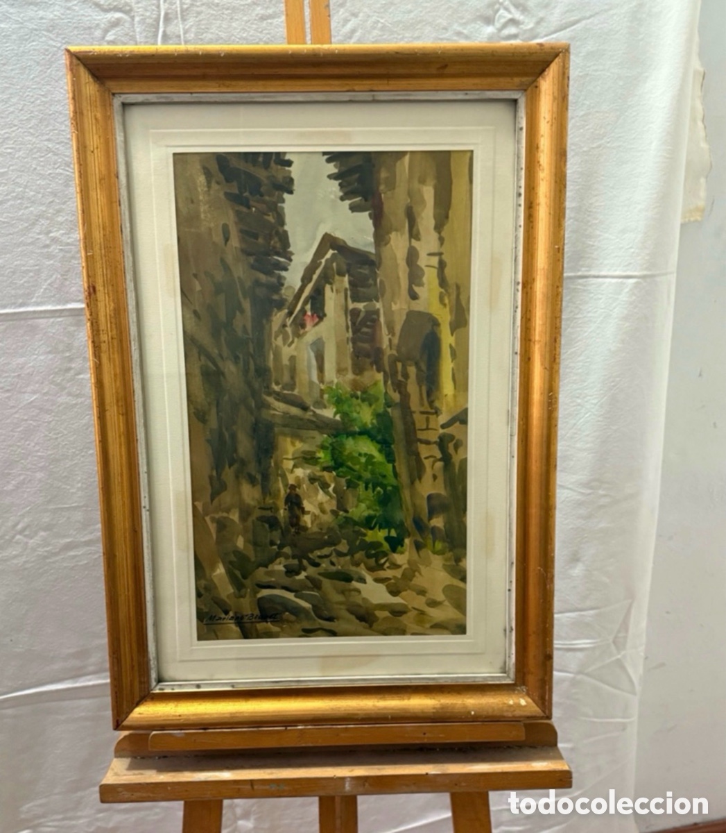 Arte: Mariano Brunet acuarela firmada paisaje urbano callej&oacute;n catal&aacute;n