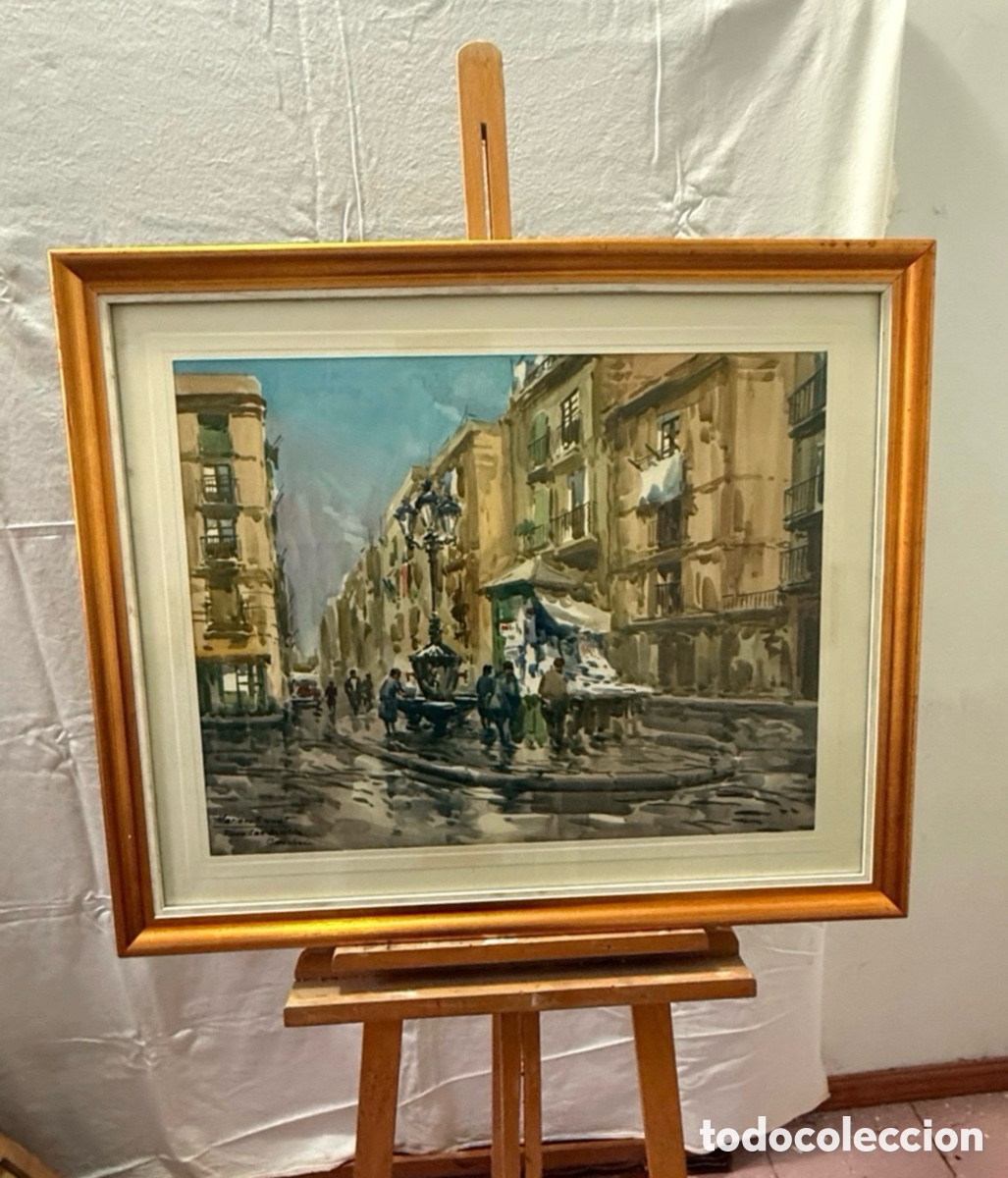 Arte: Mariano Brunet acuarela firmada Plaza San Agust&iacute;n Barcelona escena urbana