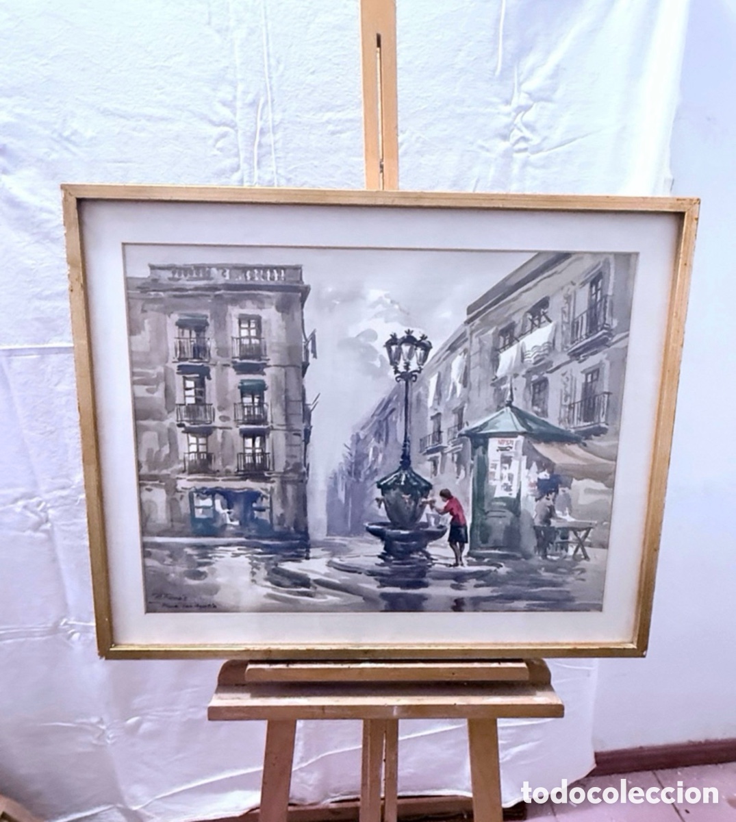 Arte: Mariano Brunet acuarela firmada R. Fan&eacute;s Plaza San Agust&iacute;n escena urbana gran formato