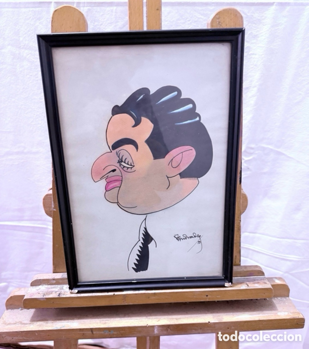 Arte: Dibujo caricatura firmado Hurtado 83 retrato humor&iacute;stico enmarcado