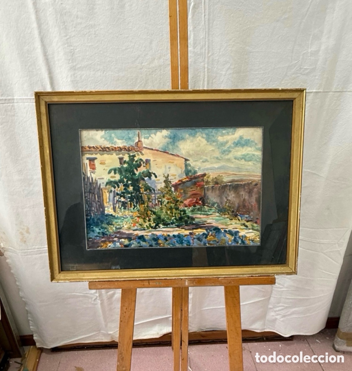 Arte: Pere Gorro Costa acuarela pintada a mano firmada paisaje rural enmarcada escuela