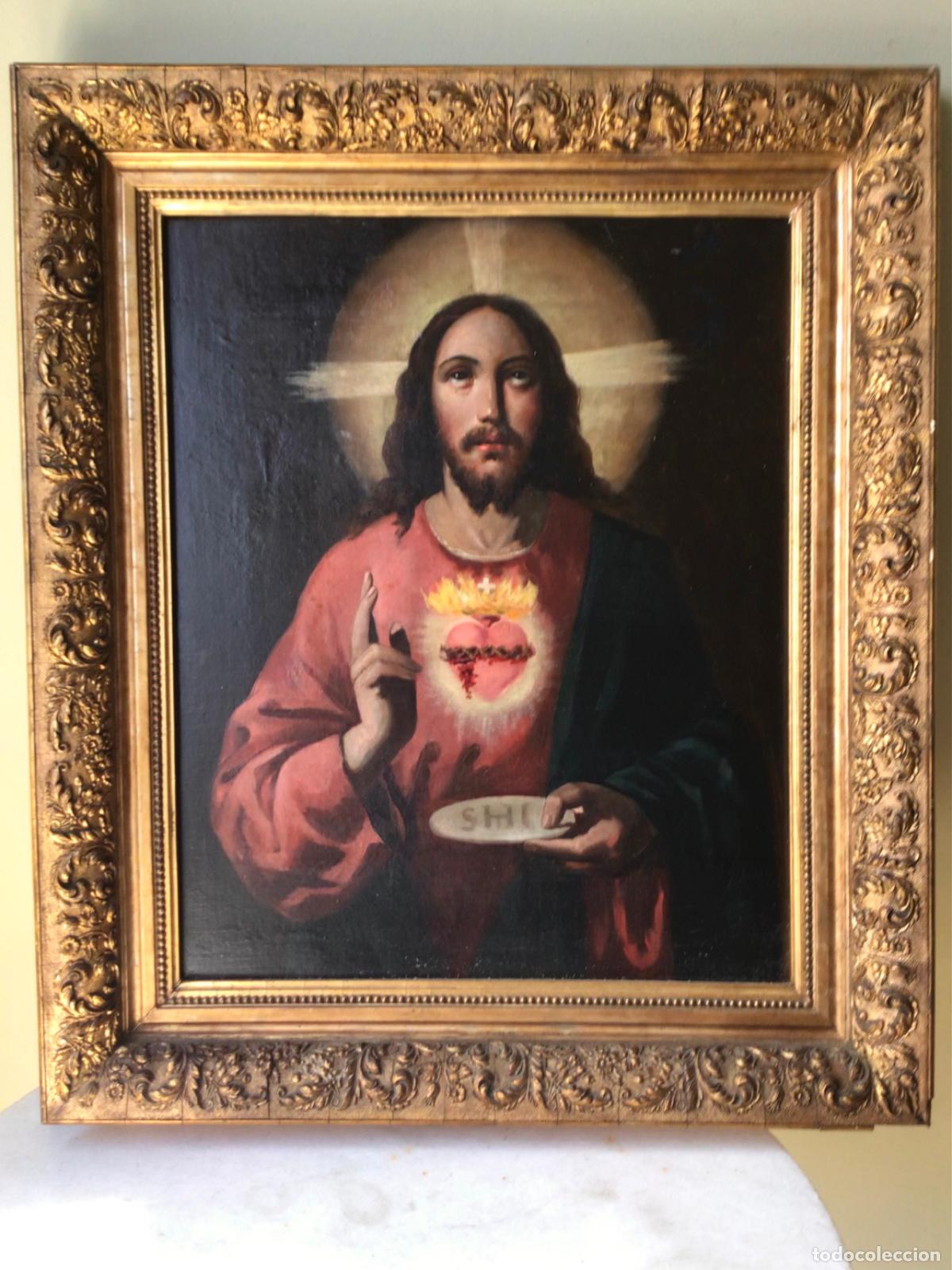 Arte: ANTIGUA PINTURA SIGLO 19 , OLEO SOBRE LIENZO - CORAZON DE JESUS
