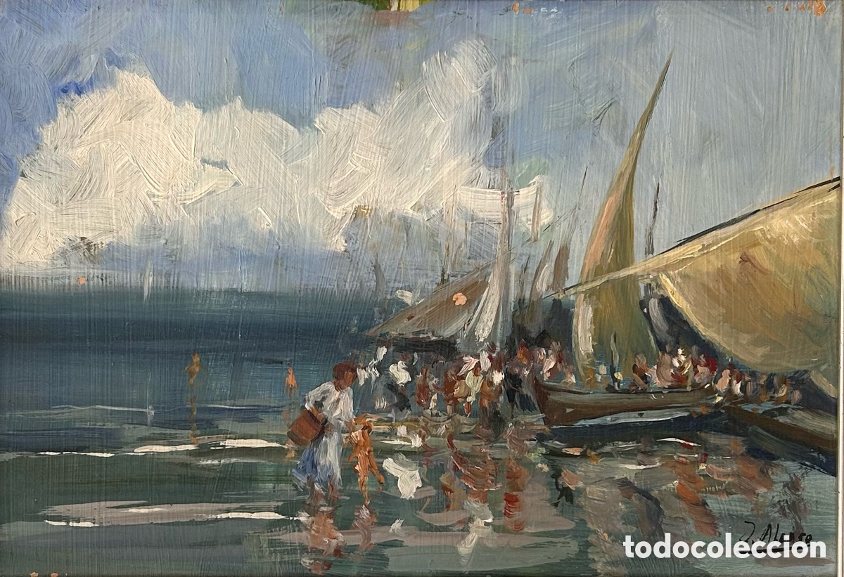 Arte: Jos&eacute; Alonso (Escuela Valenciana, siglo XX) &ndash; Escena marinera mediterr&aacute;nea