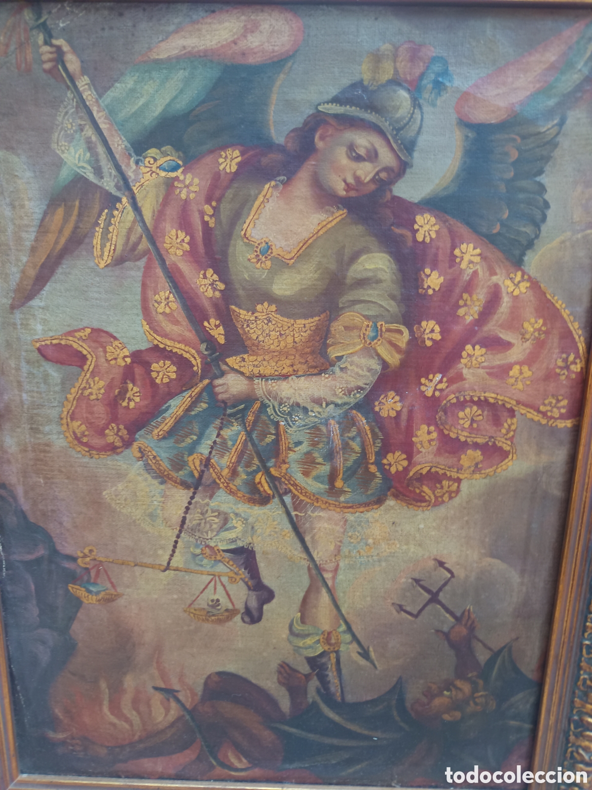 Arte: San Miguel Arcangel matando al demonio, cuadro Escuela cuzque&ntilde;a singular pintura