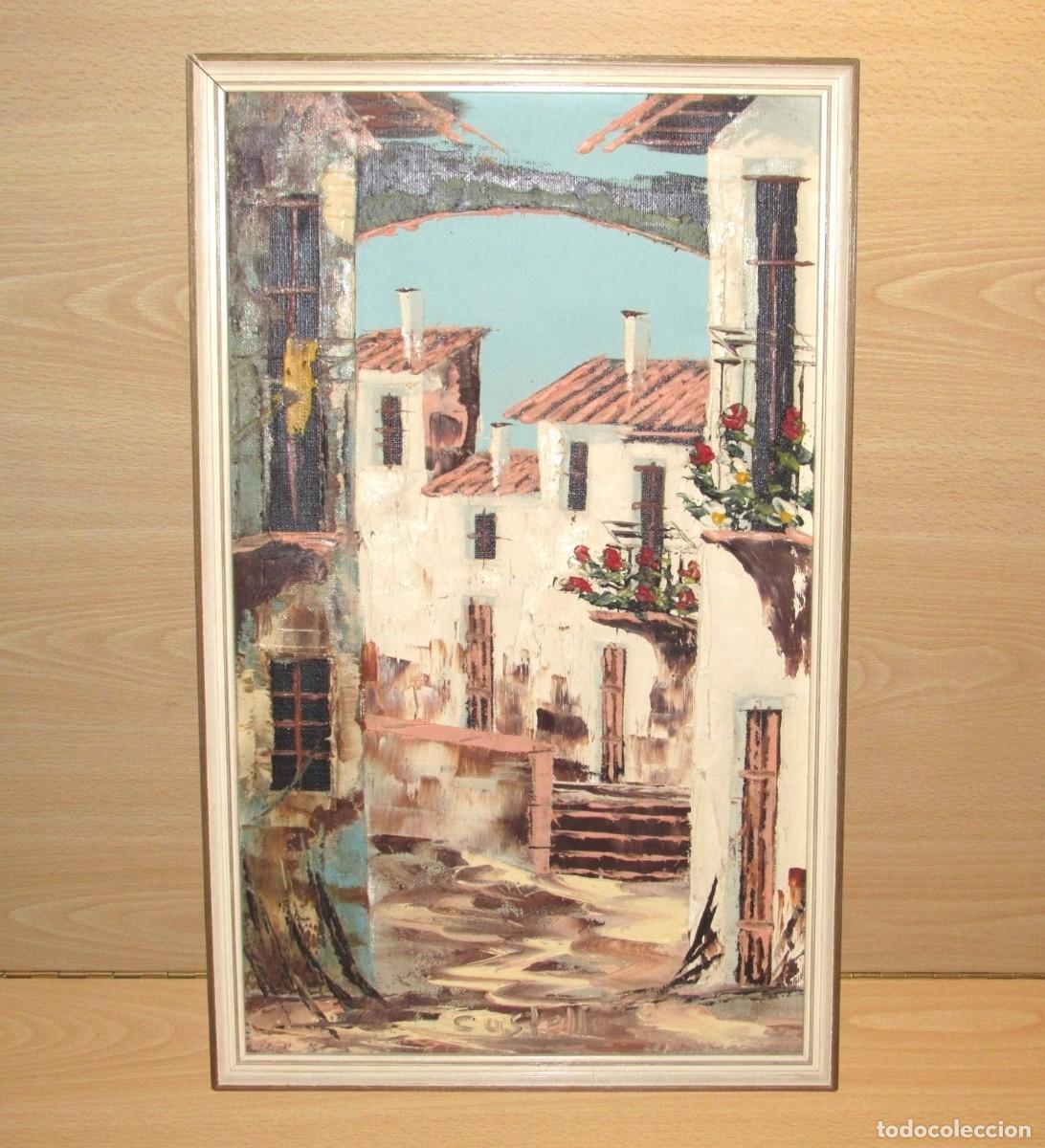 Arte: Cuadro pintura impresionista sobre tablilla firmado Castello paisaje mediterr&aacute;neo a&ntilde;os 60