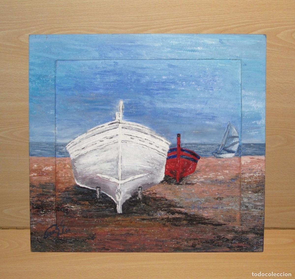 Arte: Cuadro pintura &oacute;leo naval sobre tabla marino marina barcas firmado impresionista impresionismo