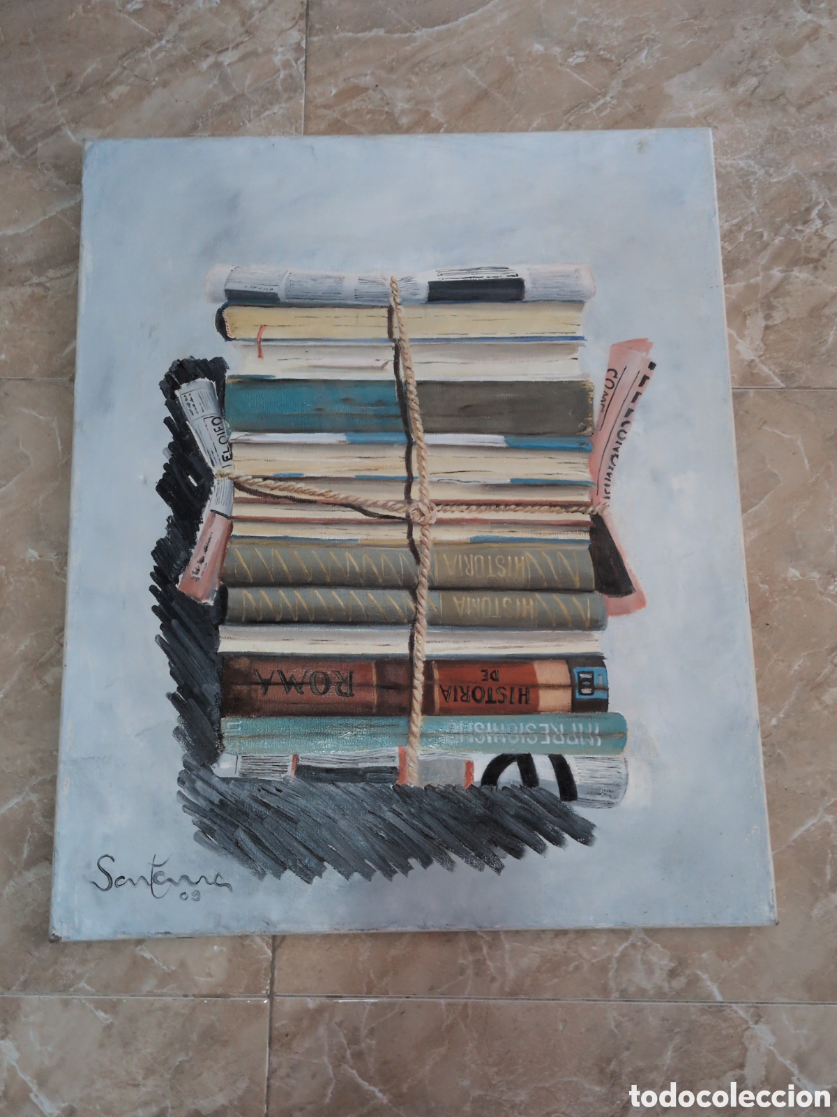 Arte: Precioso oleo Hatillo de libros, firmado por autor (Santana).