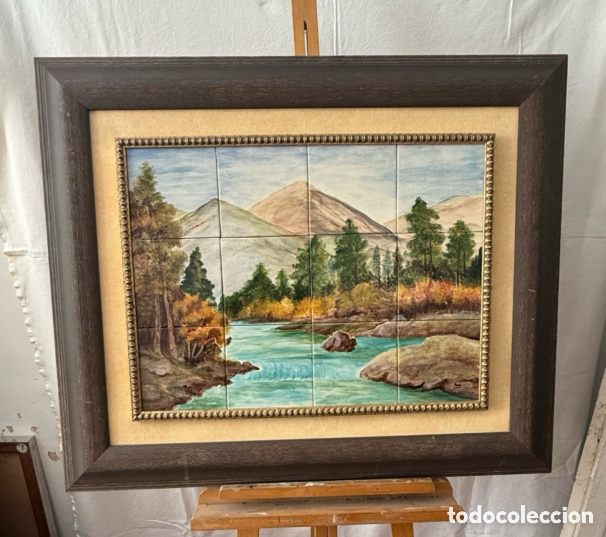Art: Panel cer&aacute;mico pintado a mano paisaje sobre 12 azulejos firmado Puri 60x46 cm.