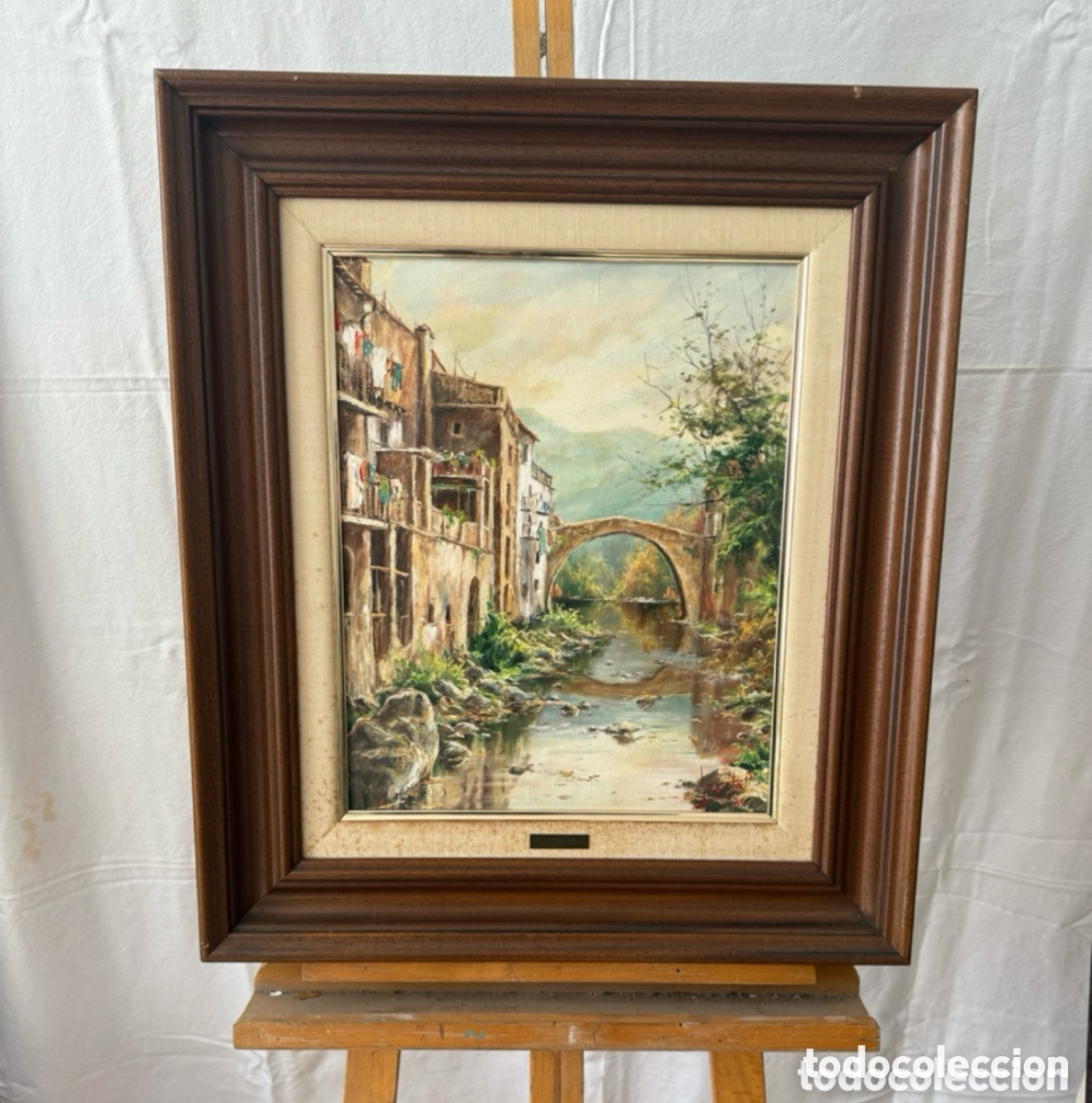 Art: Joan Cantal paisaje de pueblo &oacute;leo sobre lienzo firmado enmarcado escuela catalana.