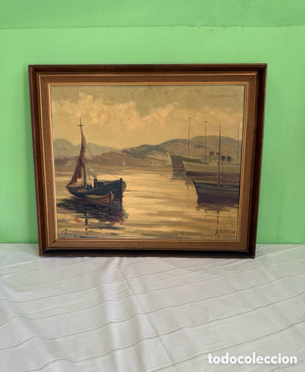 Kunst: &Oacute;leo sobre lienzo firmado G. Karolyi paisaje marino pintura h&uacute;ngara SXX.