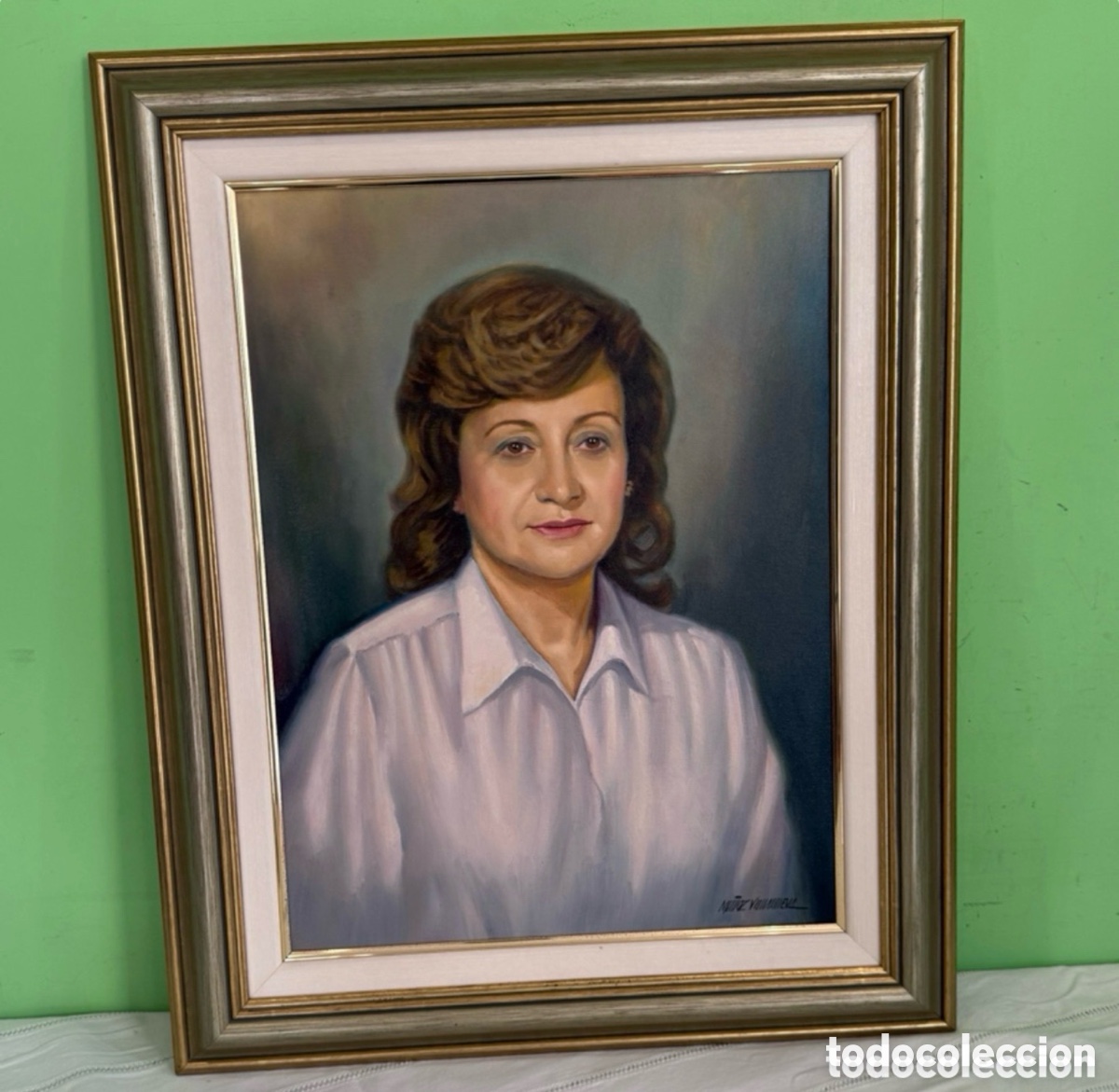 Arte: &Oacute;leo sobre lienzo firmado Mu&ntilde;oz Villanueva retrato femenino marco dorado