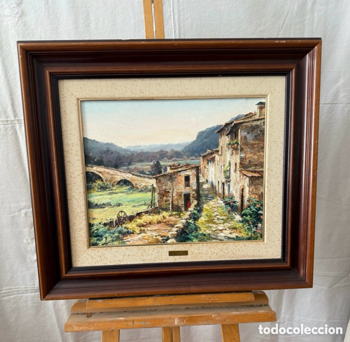 Art: Joan Cantal paisaje de pueblo &oacute;leo sobre lienzo firmado y enmarcado escuela catalana