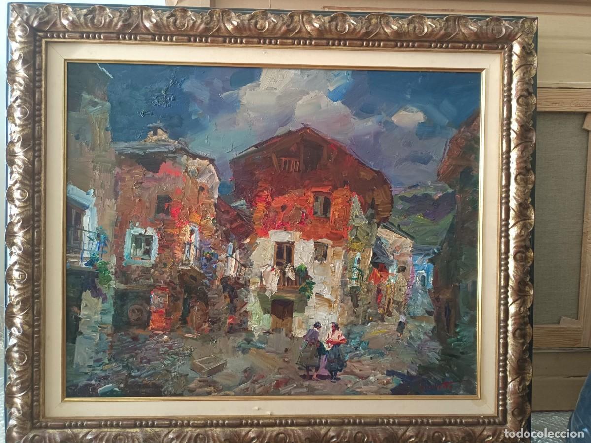 Arte: Gran &Oacute;leo de J. SERRASANTA - Paisaje de Pueblo - 102x87 cm - Maestro de la Esp&aacute;tula