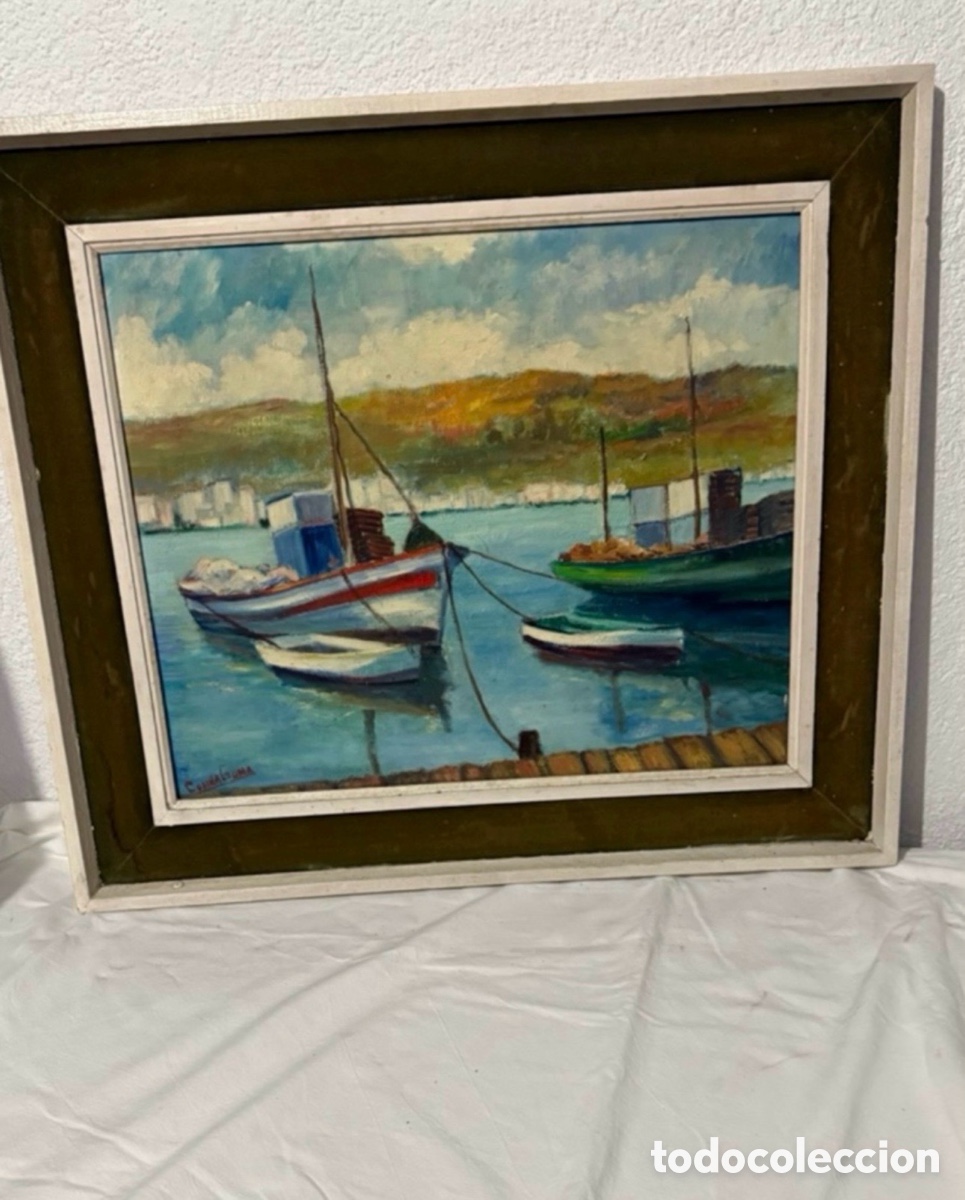 Art: &Oacute;leo sobre lienzo paisaje marinero con barcas en puerto - firmado