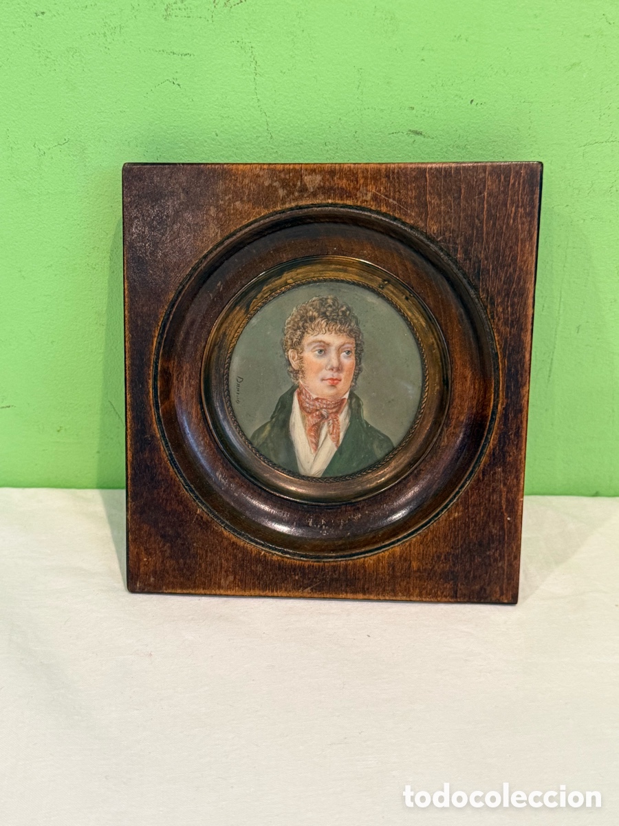 Arte: Miniatura retrato caballero franc&eacute;s siglo XIX pintura sobre marfil marco de madera &eacute;poca