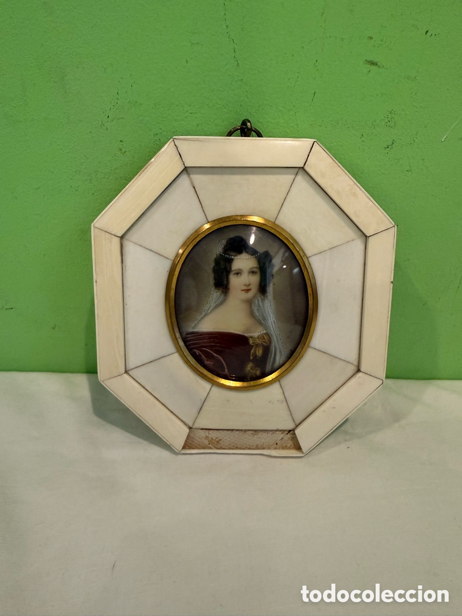 Arte: Miniatura retrato de dama francesa pintura sobre marfil marco de hueso octogonal SXIX en