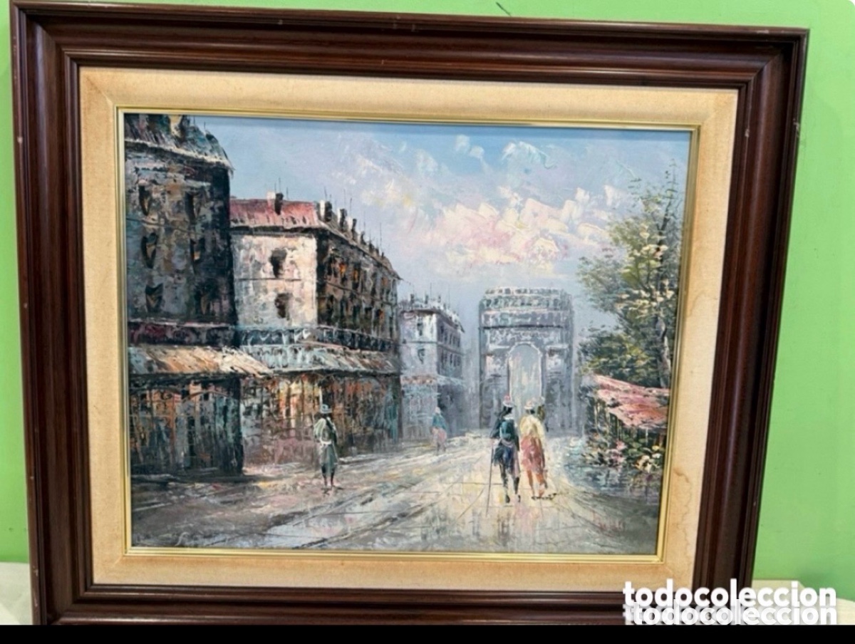 Art: pintura al &oacute;leo sobre tablex de una escena callejera parisina firmado