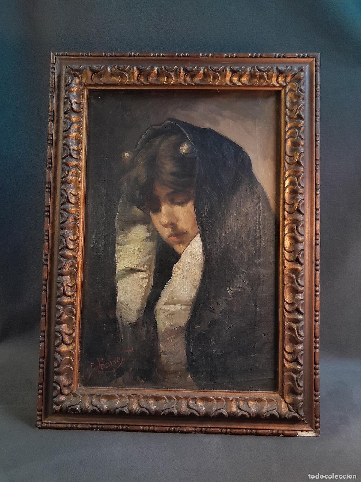 Arte: B-1889. RETRATO DE DAMA CON MANTO. FIRMADO POR J. MARCO SIGLO XIX