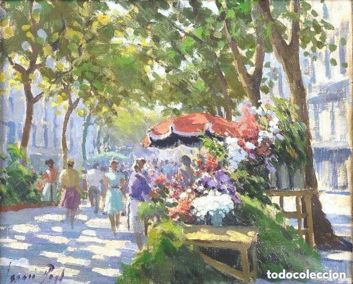 Arte: &Oacute;leo sobre lienzo (Valorado en 300&euro;) Las Ramblas de Barcelona firma ilegible hacia 1940