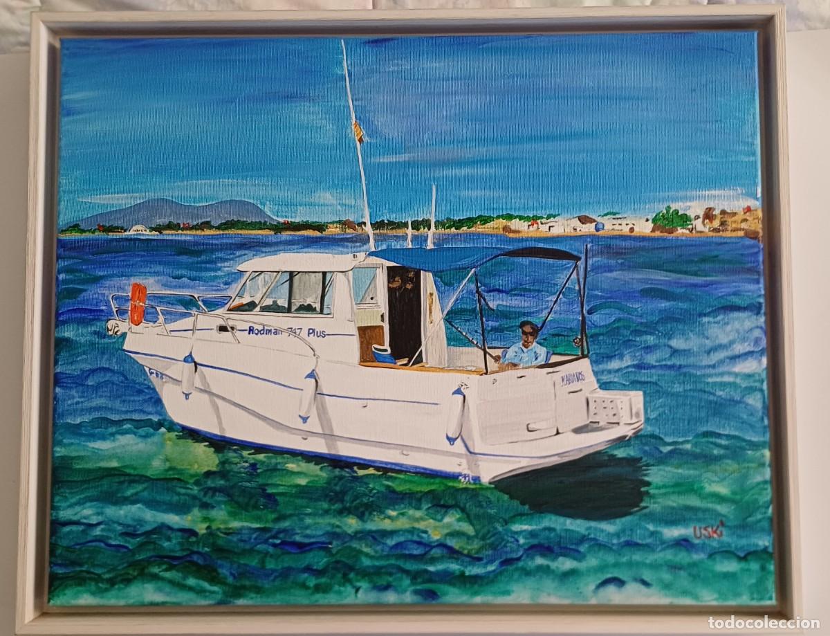 Arte: BARCO DE PASEO PESCANDO - OLEO SOBRE TELA FIRMADO USKI