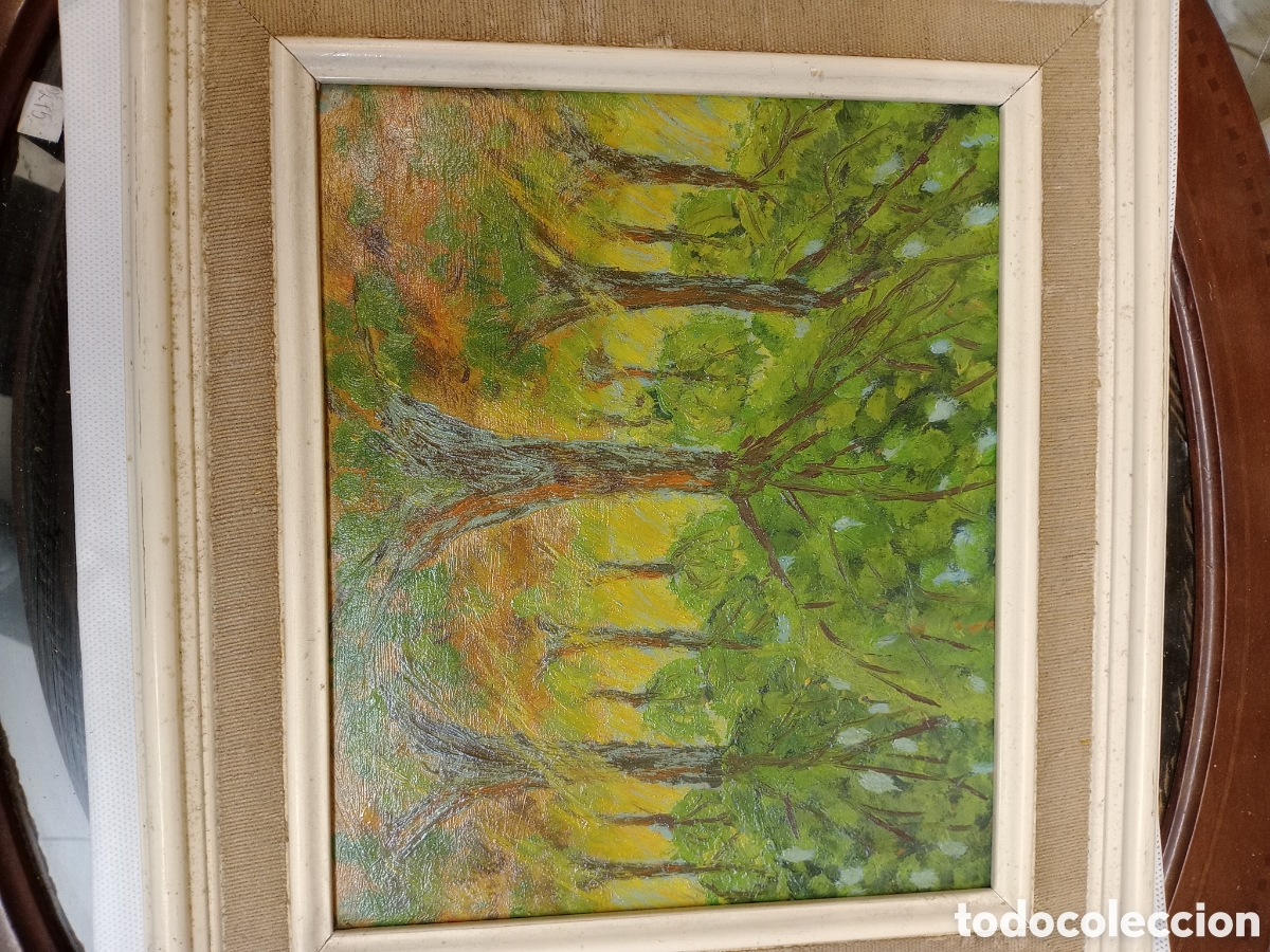 Arte: Oleo sobre tablex de un paisaje con &aacute;rboles