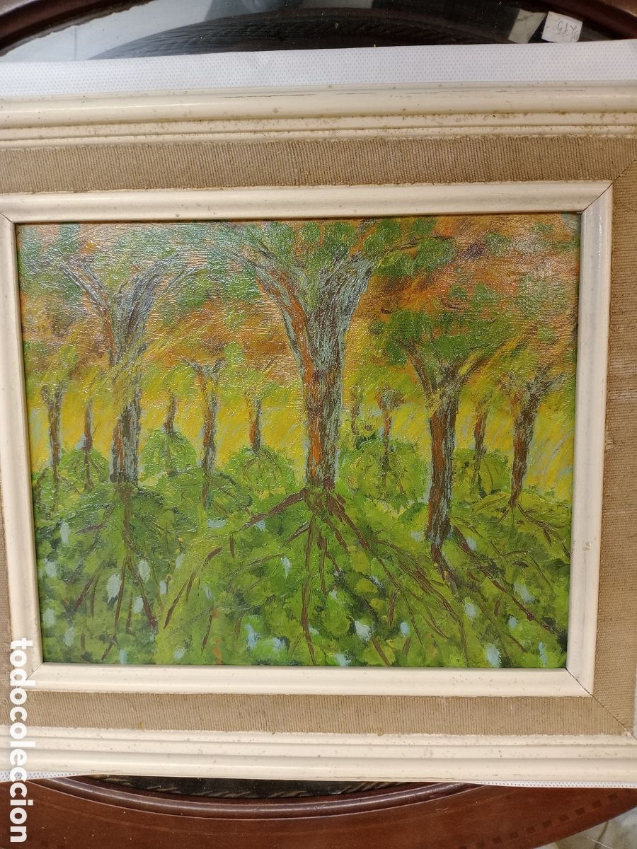 Arte: Oleo sobre tablex de un paisaje con &aacute;rboles