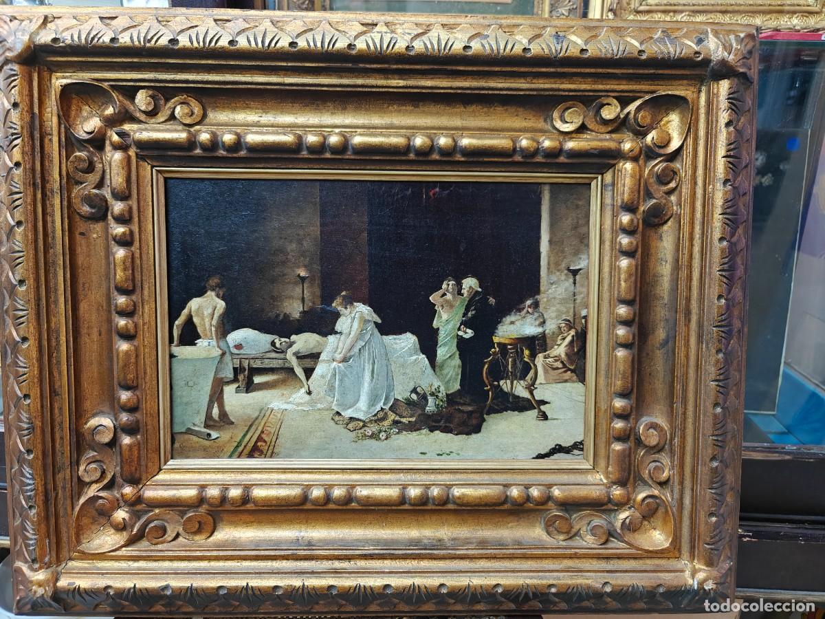 Arte: Escena cl&aacute;sica romana / decadentista con marco tallado de madera dorada.