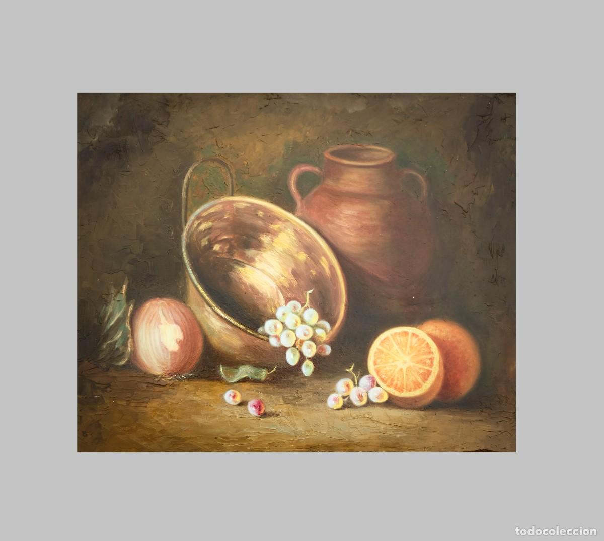 Art: Bodeg&oacute;n al &oacute;leo con frutas. &Oacute;leo con frutas y objetos de cobre y barro.