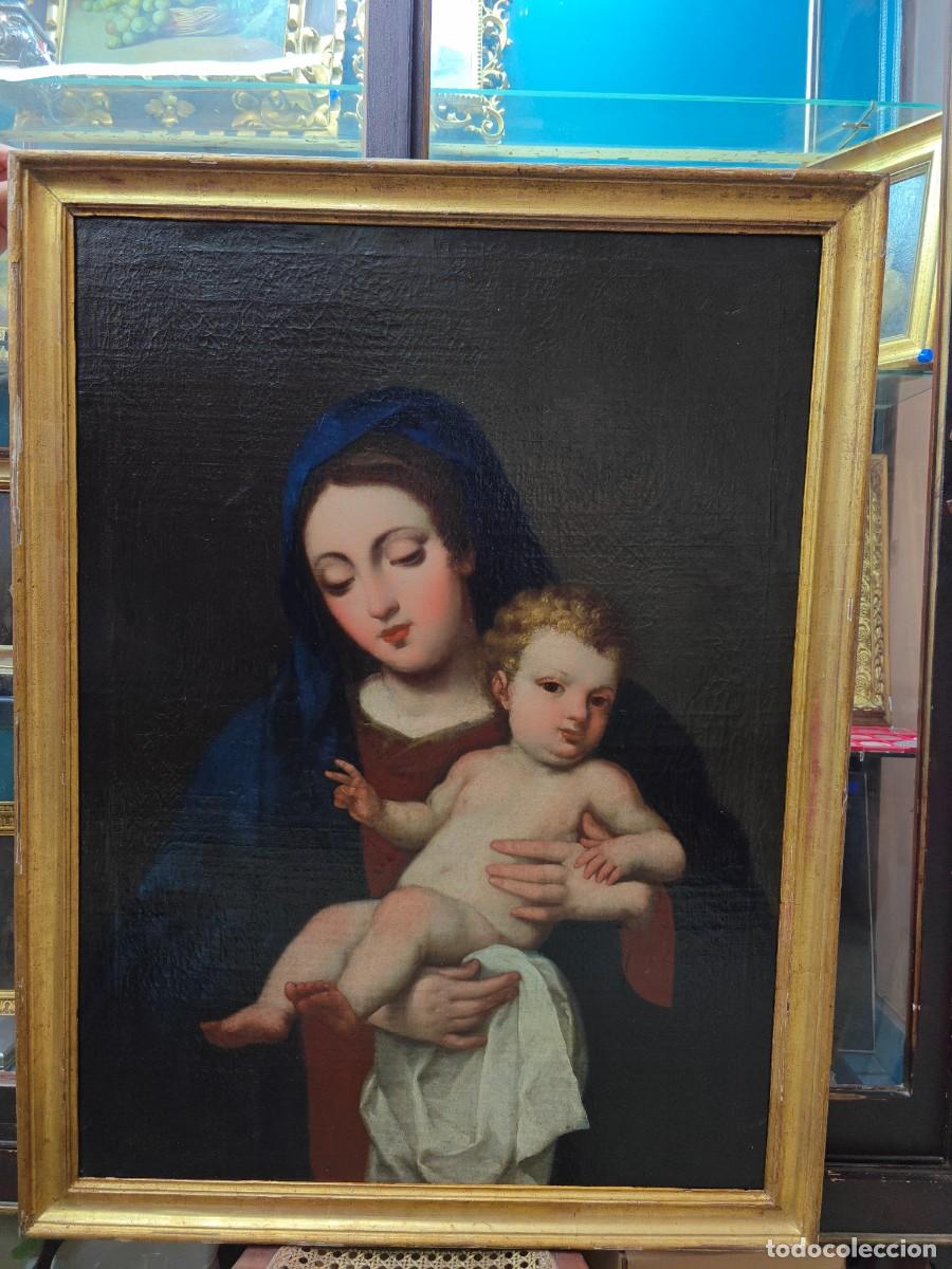 Arte: Antiguo &oacute;leo religioso &ndash; Virgen con el Ni&ntilde;o &ndash; Escuela cl&aacute;sica con marco dorado
