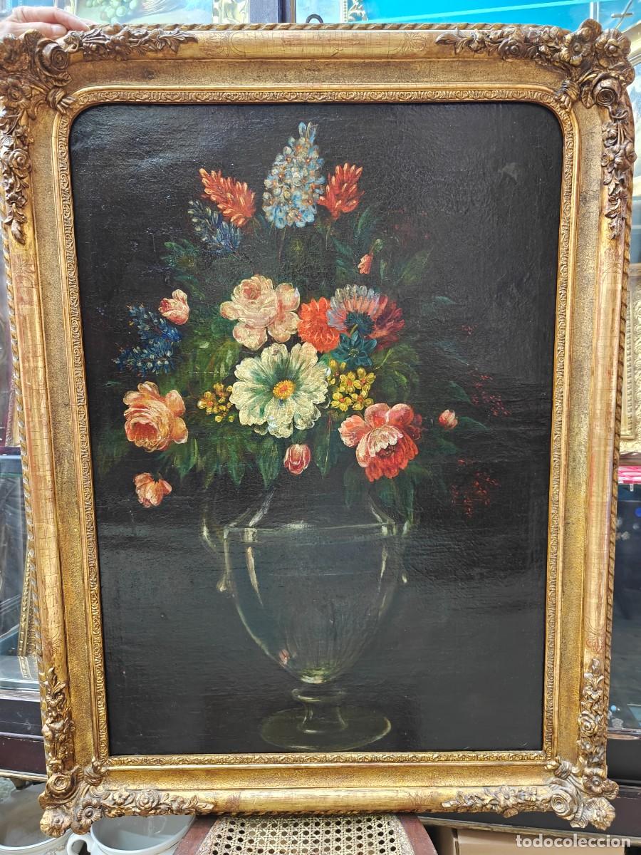 Arte: Bodeg&oacute;n floral con jarr&oacute;n de cristal y marco dorado s. XVIII- XIX