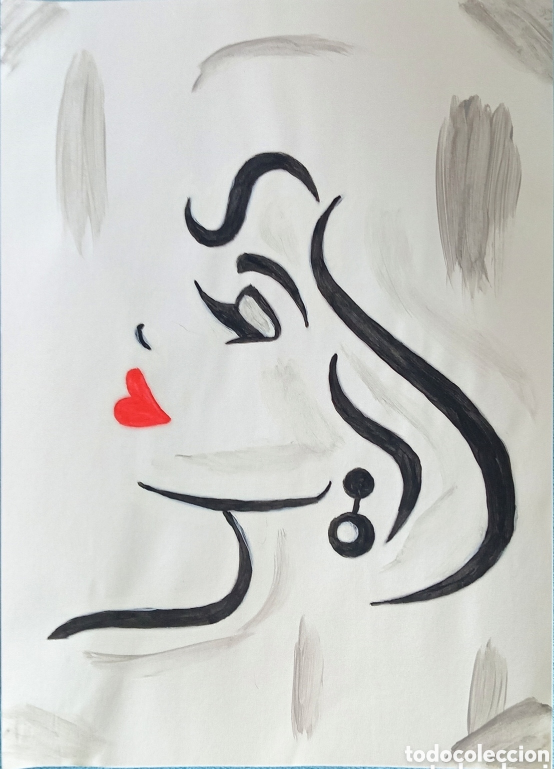 Art: Original pintura mujer con flequillo (6) t&eacute;cnica mixta acuarela, acr&iacute;lico sobre papel doble 29,6cm x