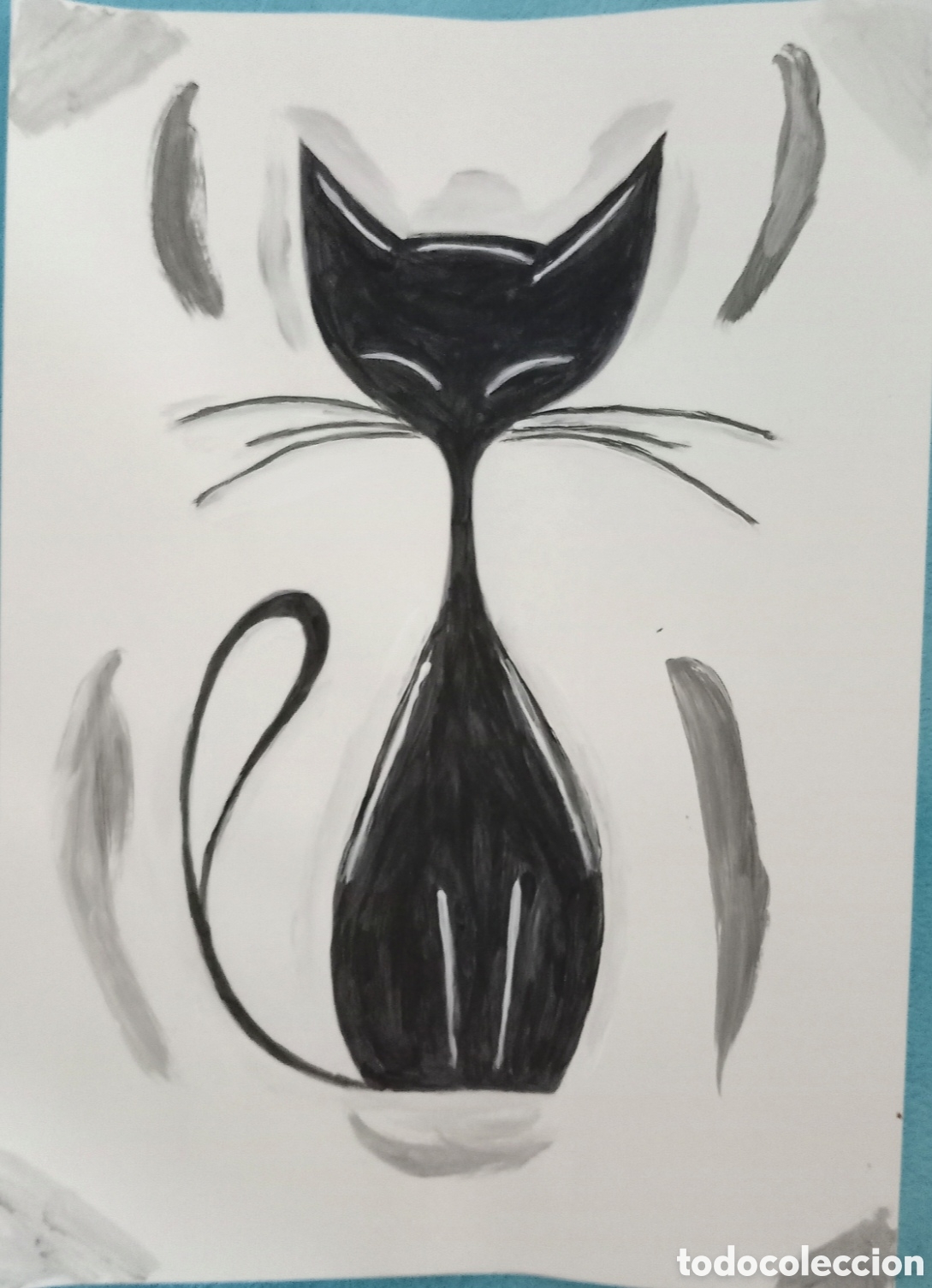 Arte: Original pintura gato trazos (8) acuarela sobre papel doble 29,6cm x 21cm. Muy bonita