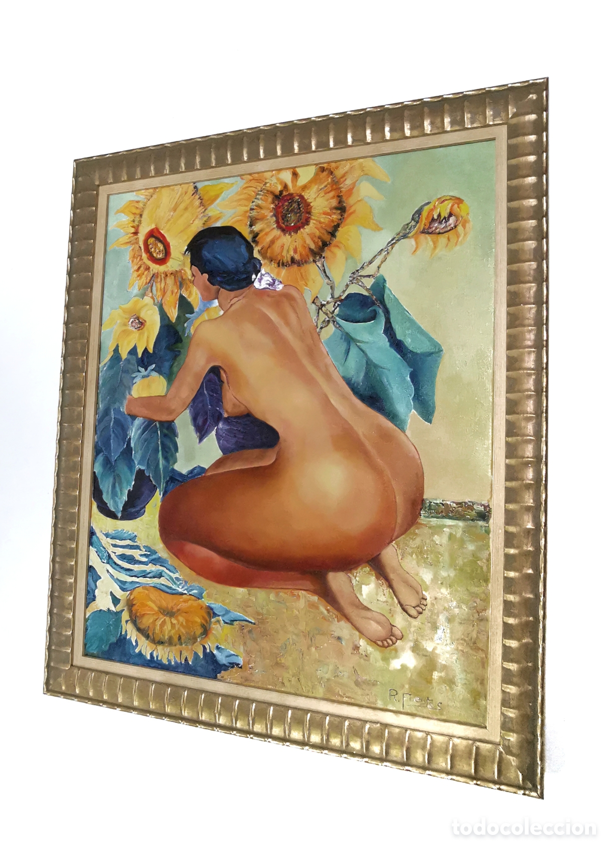 Kunst: MAGN&Iacute;FIC &Oacute;LEO SOBRE LIENZO REPRODUCCION DIEGO RIVERA, DESNUDO CON GIRASOLES