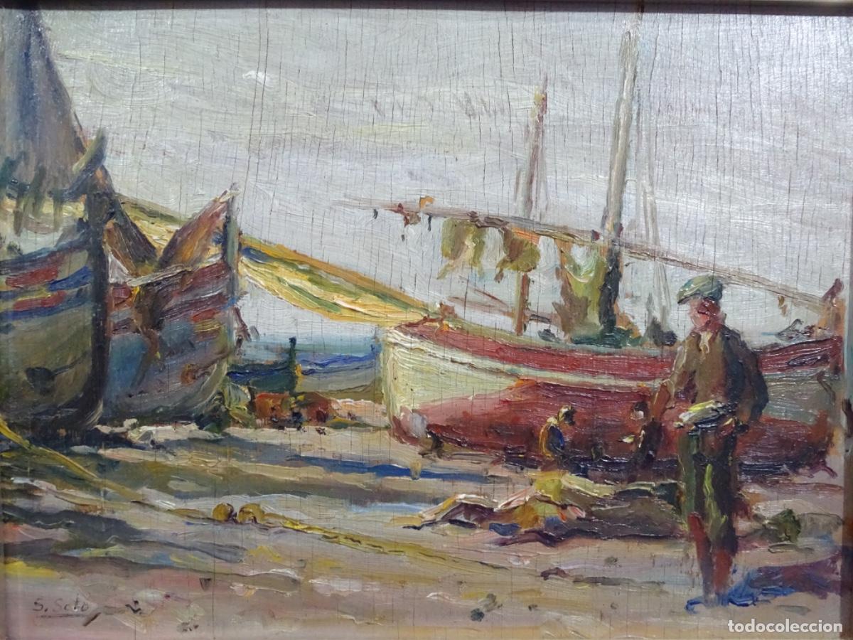 Arte: &Oacute;LEO SOBRE TABLA SANTIAGO SOTO. BARCOS EN LA PLAYA. TRAZO POST-IMPRESIONISTA.