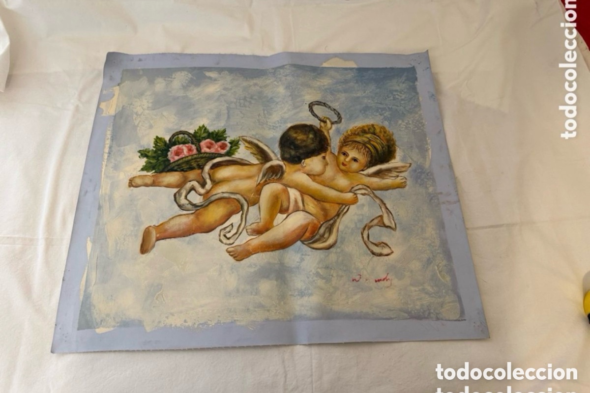 Arte: Pintura sobre lienzo querubines estilo cl&aacute;sico decorativo firmada 70x60 cm