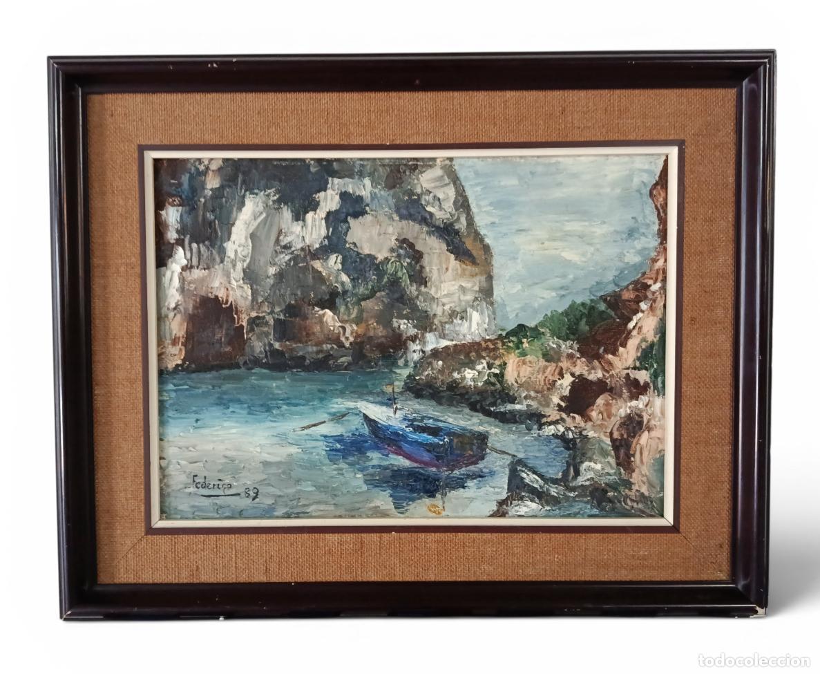 Arte: &Oacute;leo mediterr&aacute;neo firmado y fechado 1989 &ndash; Cala rocosa con barca &ndash; Escuela balear &ndash; Enmarcado